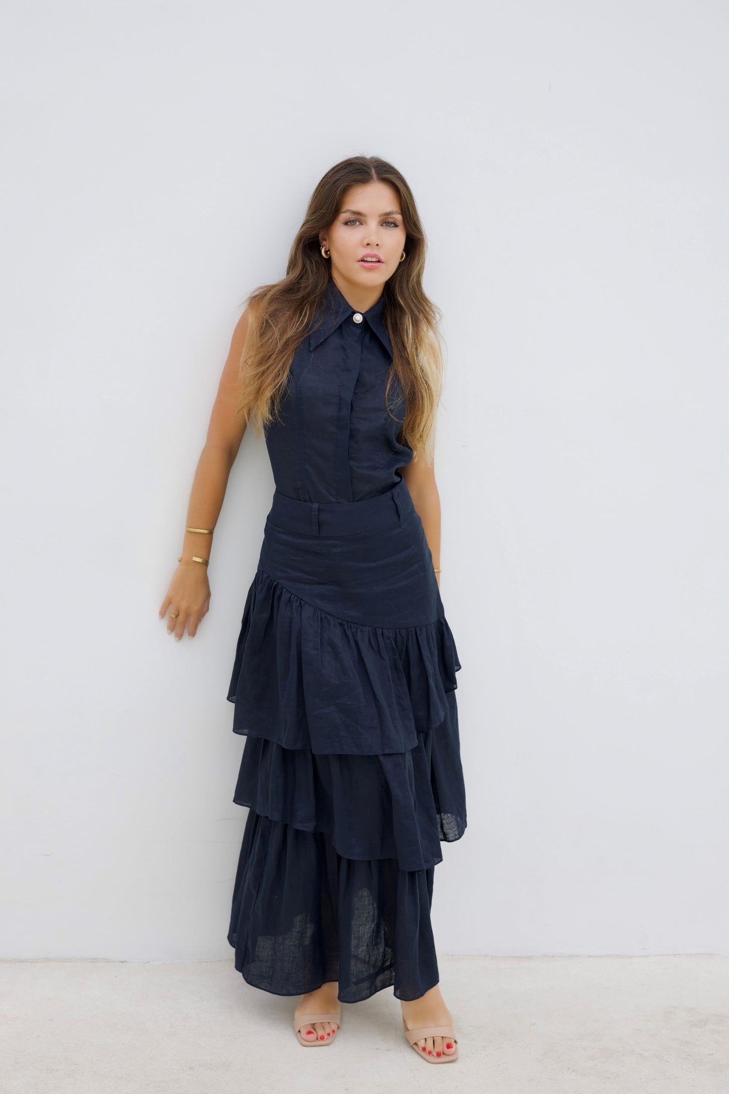 Joanie Tiered Maxi Skirt - Ink Navy Blue